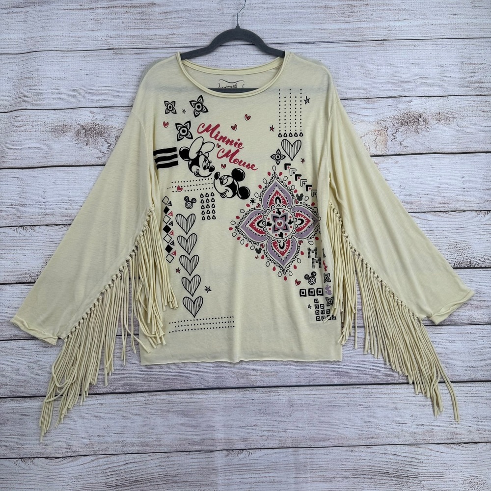 Disney Boutique Graphic Tee Womens Small Cream Minnie Mickey Fringe Long Sleeve